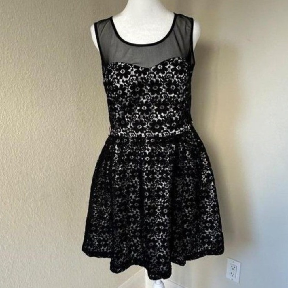 Inspire Me Fit‎ and Flare Dress Women 10 Black Floral Lace Mesh Open Back Party